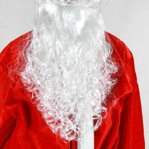 Vista dettagliata che mostra la trama di una barba di Babbo Natale finta bianca e riccia.