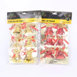 PVC Christmas Bell Ornaments With Bow Merry Christmas Letter Plate Christmas Tree Hanging Decoration Sets Red Gold Festive Bells
