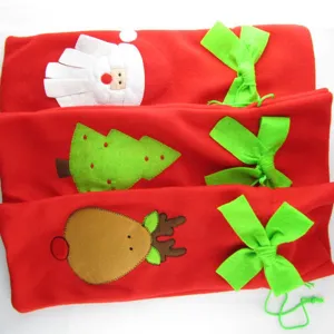Three styles of red felt Christmas wine bottle covers featuring Santa, tree, and reindeer designs.