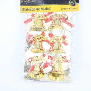 Set of 6 golden Christmas bell ornaments with red bows and Merry Christmas script