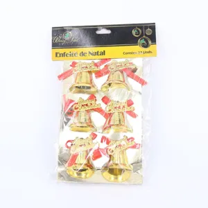 Packaged set of 6 golden Christmas bells featuring red bows and Merry Christmas signs