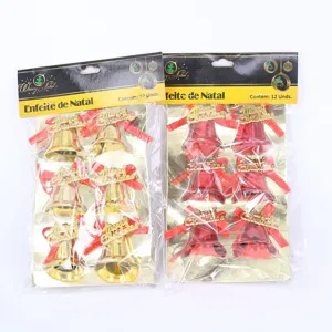 Set of 12 festive red and gold Christmas bell ornaments with bows in retail packaging