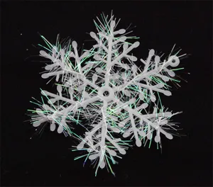 Detailed view of iridescent plastic snowflake ornament with shimmering tinsel strands