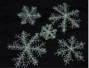 Detailed view of assorted white plastic Christmas snowflakes with iridescent tinsel