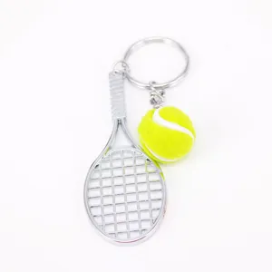 Llavero de mini raqueta y pelota de tennis para aficionados al deporte y regalos promocionales.