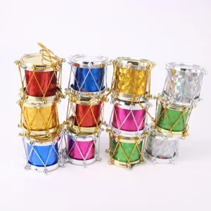Colorful laser Christmas drum ornaments with golden string for holiday tree decor