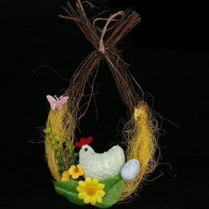 Easter Rattan Wreath With Foam Chick Eggs Handmade Vine Nest Decoration For Festive Party Home Wall Hanging Decor