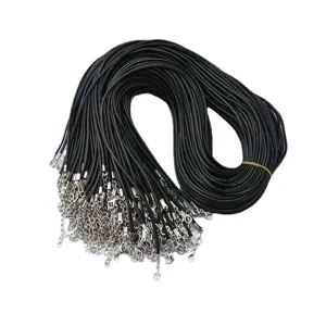 Paquete de collares de cordón de cera negra de 2 mm con cierre de langosta de plata y cadena
