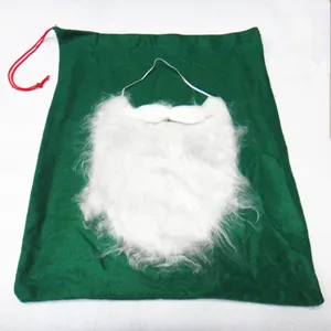 Detailweergave van witte Kerstman baard en groene fluwelen trekkoord zak accessoire