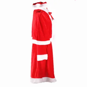 Zijaanzicht van dit rood fluwelen kerstman kostuum met een witte pluche luxe bonttrim
