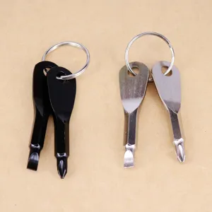 Detailed view of portable flat and phillips head screwdriver keys on keyrings.