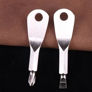 Close-up view of Phillips and flathead screwdriver bits on a metal keychain tool