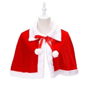 Rode fluwelen kerstcape met witte bontrand en strik met pompon voor volwassenen