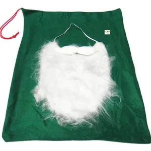 Grote witte kerstmanbaard en groene fluwelen zak voor een compleet kerstkostuum
