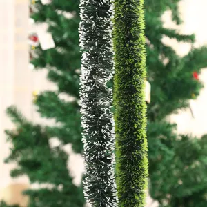 Detail view of 2m dark green and white tipped Christmas tinsel garland decorations