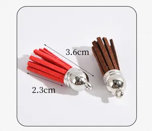 Detailed view showing 3.6cm length of suede leather tassels with silver caps for DIY