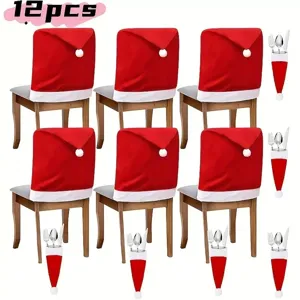 12pcs Christmas Santa hat chair covers and cutlery holders for festive holiday dining decor.