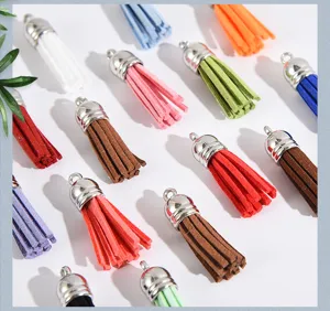 Multi-color suede tassels with silver caps for DIY jewelry and keychain accessories.