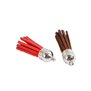 Red and brown suede leather tassels with silver metallic caps for DIY handicraft