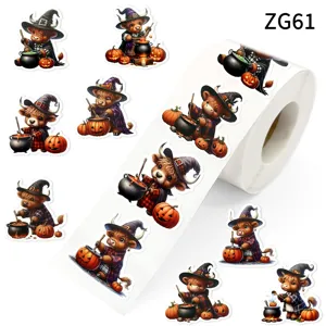 Rollo de Pegatinas de Halloween de Vaca de las Tierras Altas Mago Dibujos Animados Sombrero de Mago Calabaza Linterna Etiquetas Autoadesivas para Bolsa de Dulces Regalo
