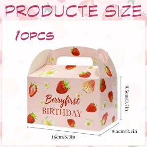 Size details of 10-piece pink strawberry gift boxes measuring 16x9.5x9.5cm for parties