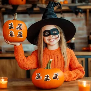 Lindas pegatinas de Halloween de vaca de las Highlands en calabazas para decorar.