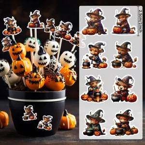Pegatinas de Halloween de vaca de las Tierras Altas mago con calabazas, calderos y medidas