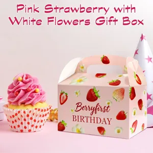 Close-up of pink strawberry party gift box with birthday cupcake and party hat scenery