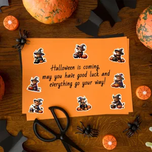 Pegatinas de Halloween con vaca de las Highlands mago y calabazas en tarjeta naranja
