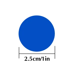 Detailed view of a 2.5cm diameter blue circular adhesive sticker with size measurement