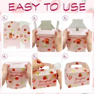 Detailed step-by-step assembly guide for the pink strawberry theme party gift box