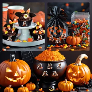 Pegatinas de vaca escocesa mago de Halloween en cupcakes, bolsas de caramelos y calabazas