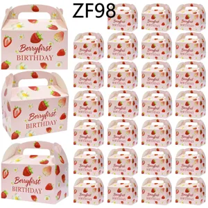 Pink Strawberry Floral Pattern Handheld Paper Gift Boxes For Kids Birthday Party Wedding Favor Empty Treat Celebration Supplies