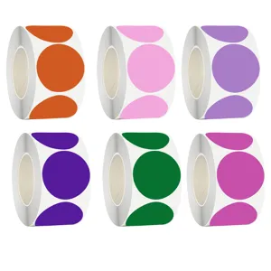 Detail showing six rolls of colorful circular blank self-adhesive sticker labels.