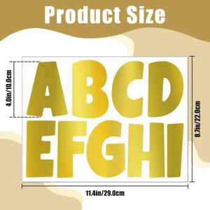 Detailed dimensions of large gold vinyl alphabet stickers for bulletin board decoration