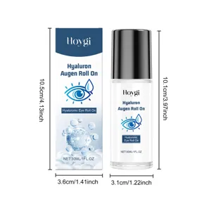 Detailed view of the hyaluronic eye roll on bottle and packaging box with clear dimensions.