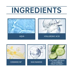 Skincare product ingredient detail graphic highlighting hyaluronic acid and plant extracts.
