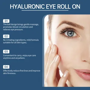 Hyaluronic eye roll-on for soothing massage and reducing fine lines, gentle skincare formula.