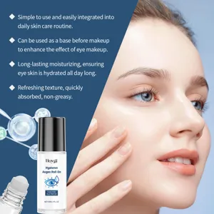 Close-up detail of HOYGI eye roll-on application on face, showing hydrating and moisturizing texture.