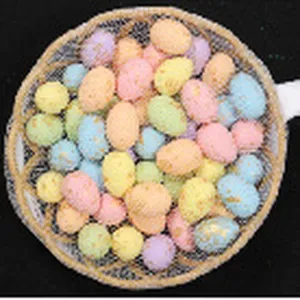 Close-up view of colorful speckled foam Easter eggs in a rustic woven basket bowl