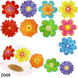 Holographic Laser Flower Stickers For Kids Reward DIY Decor Waterproof PET Floral Self-Adhesive Reward Stickers For Kindergarten Nursery School