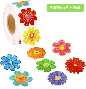Detailed close-up view of colorful holographic flower stickers on a 500-count roll for kids