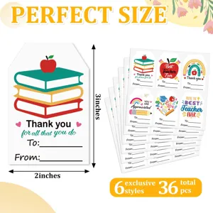 Detalle que muestra 6 estilos de etiquetas de regalo de 3x2 pulgadas para profesores, set 36.