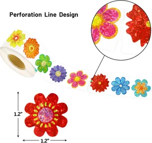 Detail view of 1.2 inch holographic flower stickers with perforation line design