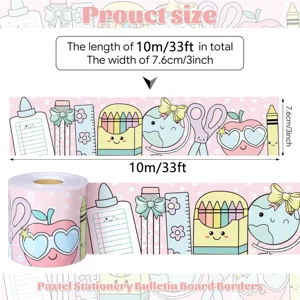 Detail showing 10m length and 7.6cm width of the pastel stationery board border.