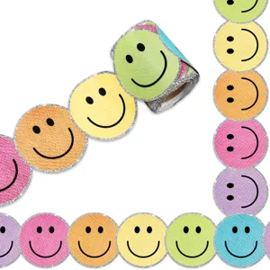 Vue détaillée de bordures autocollantes Smiley colorées avec des bords pailletés argentés