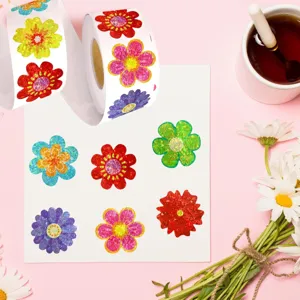 Close-up of colorful holographic flower stickers with shiny texture and vibrant petals.