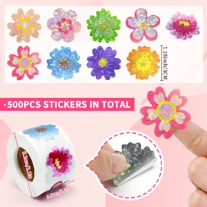Close-up of holographic flower stickers roll showing dimensions and shiny textures