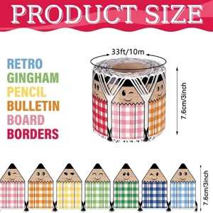 Colorful retro gingham pencil bulletin board border stickers roll 10m for school wall