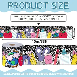 Back-to-school bulletin board border stickers detail showing 10m roll dimensions